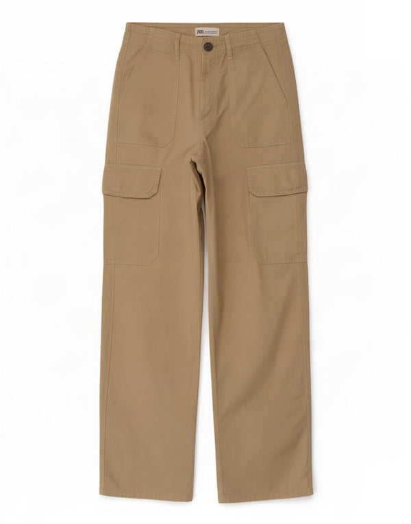 Zara Womens High Waist Loose Fit Cargo Trousers EU 34 2XS W24 L29 Beige