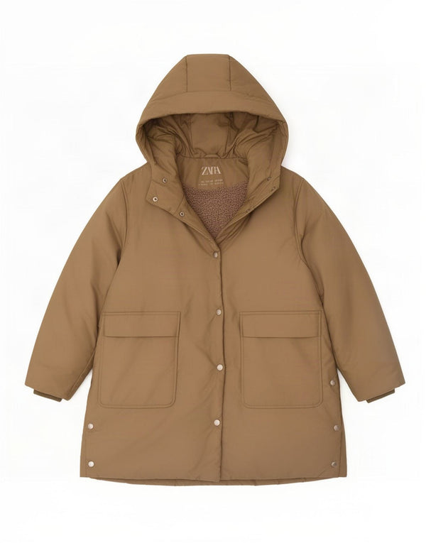 Zara Girls Hooded Sherpa Padded Jacket 11-12 Years Khaki Nylon
