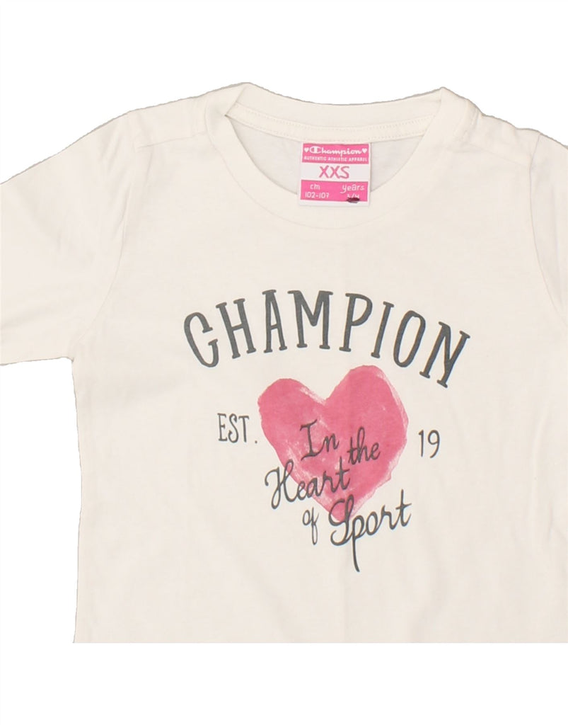 CHAMPION Girls Graphic Top 3/4 Sleeve 3-4 Years 2XS Off White Cotton | Vintage Champion | Thrift | Second-Hand Champion | Used Clothing | Messina Hembry 