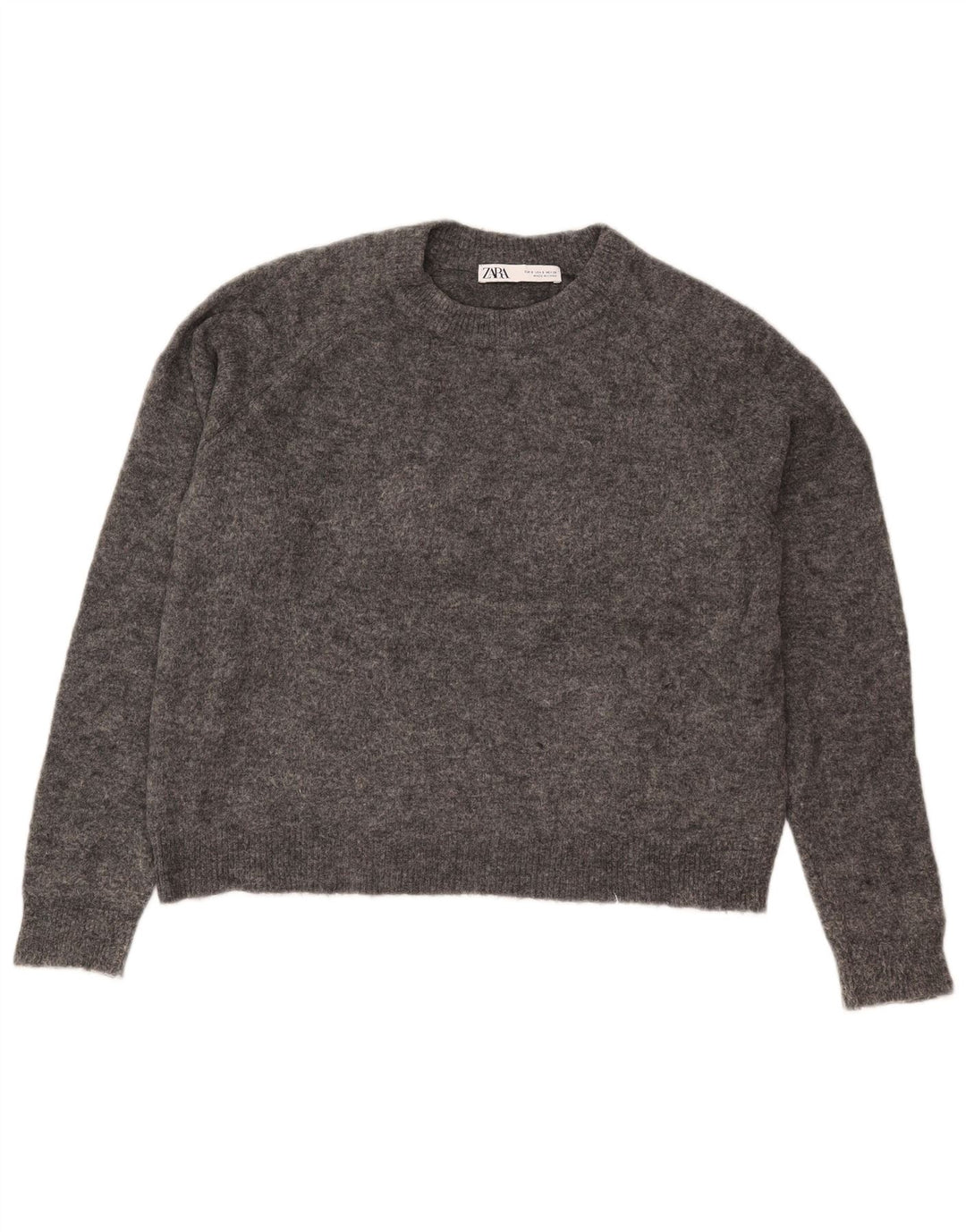 Zara Womens Crop Oversized Crew Neck Jumper Sweater UK 10 Small Grey Nylon