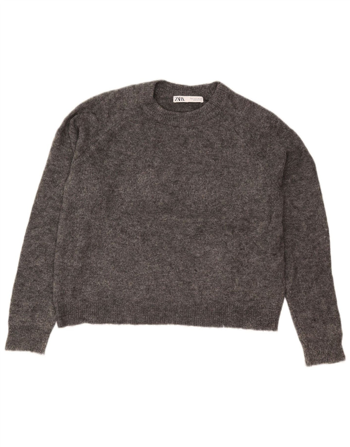 Zara Womens Crop Oversized Crew Neck Jumper Sweater UK 10 Small Grey Nylon