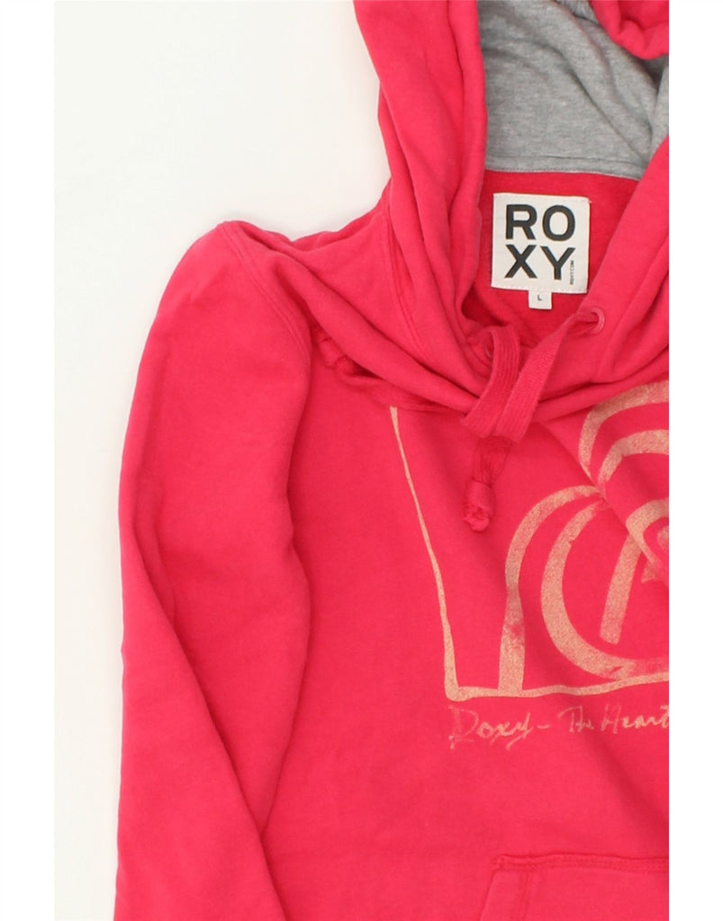 ROXY Womens Graphic Hoodie Jumper UK 16 Large Pink Cotton | Vintage Roxy | Thrift | Second-Hand Roxy | Used Clothing | Messina Hembry 