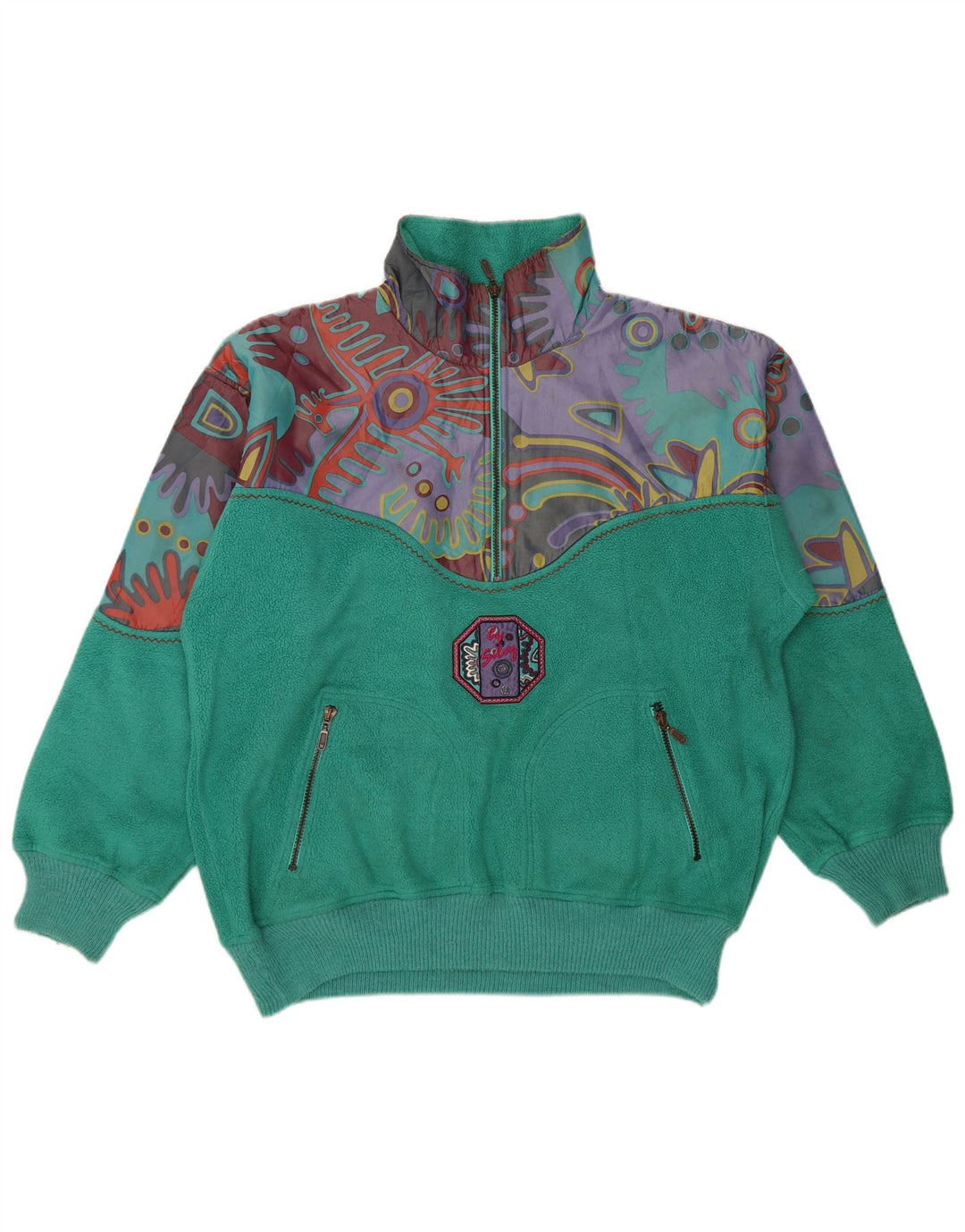 Silvy Mens Zip Neck Fleece Jumper XL Green Geometric Polyester