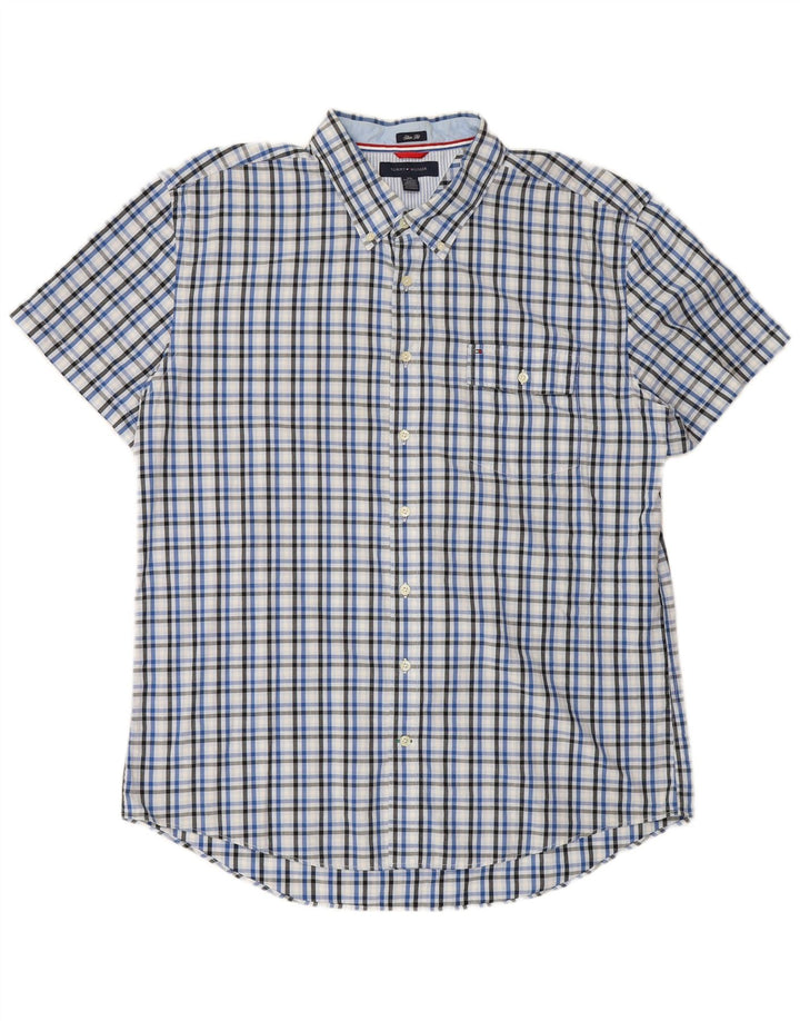 TOMMY HILFIGER Mens Short Sleeve Slim Fit Shirt 2XL Blue Check Cotton