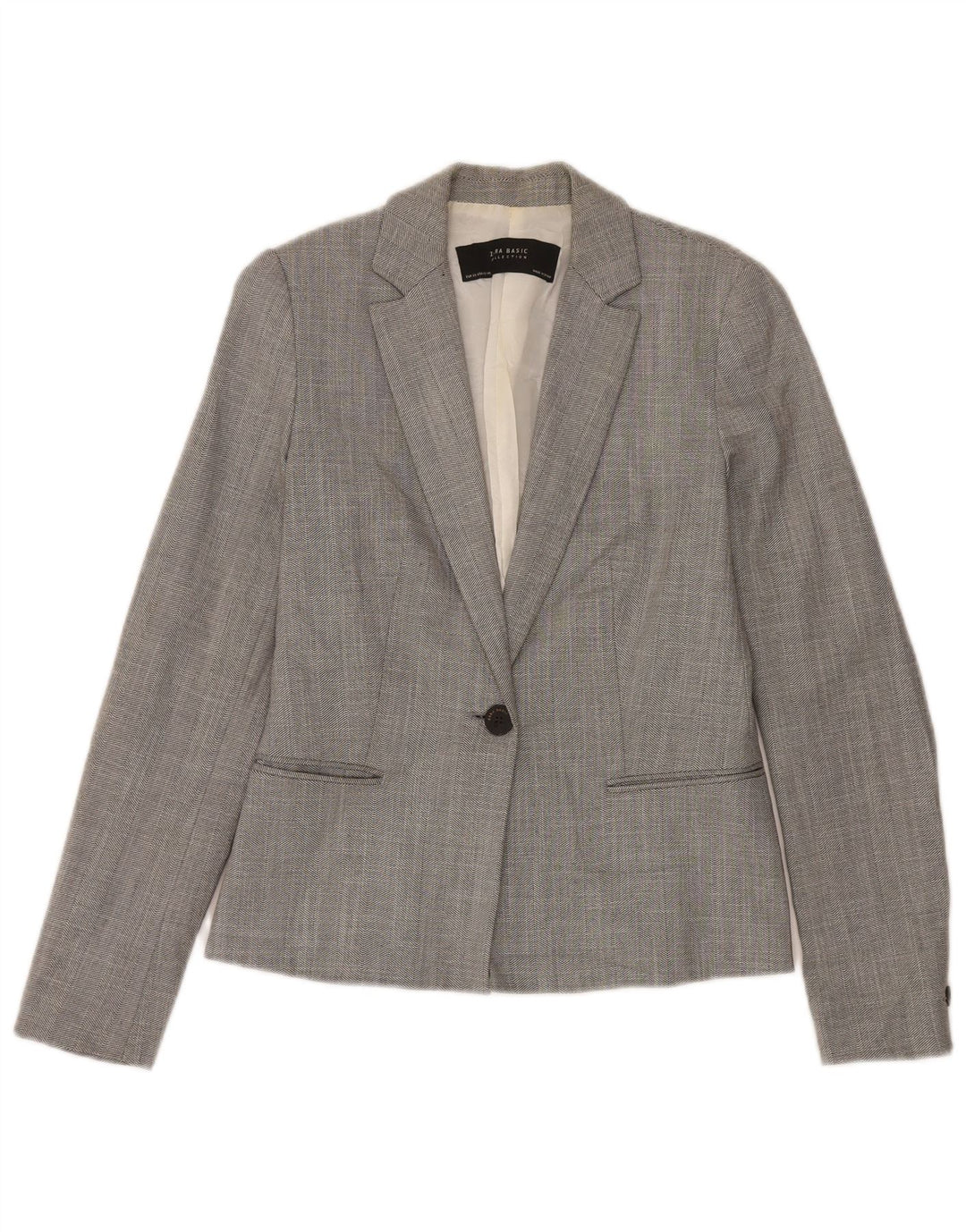 Zara Womens 1 Button Blazer Jacket UK 6 XS Grey Chevron Polyester