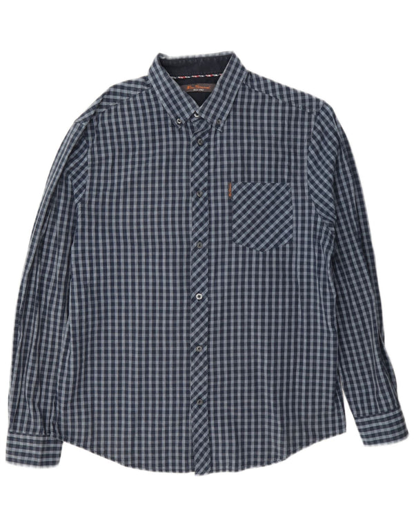 Ben Sherman Mens Shirt Large Navy Blue Gingham Cotton