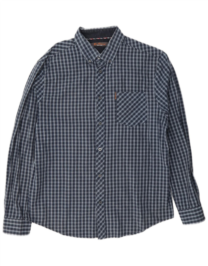 Ben Sherman Mens Shirt Large Navy Blue Gingham Cotton