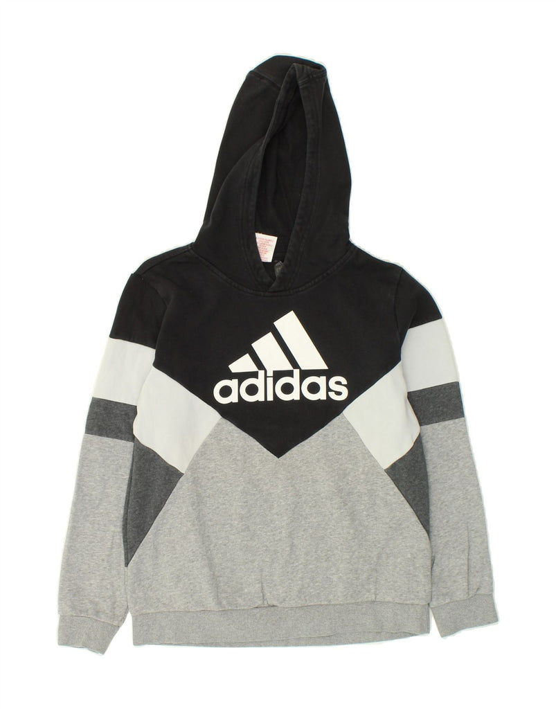 ADIDAS Boys Graphic Hoodie Jumper 13-14 Years Black Colourblock Cotton | Vintage Adidas | Thrift | Second-Hand Adidas | Used Clothing | Messina Hembry 