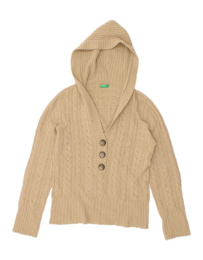 BENETTON Womens Hooded V-Neck Jumper Sweater UK 14 Medium Beige Wool | Vintage Benetton | Thrift | Second-Hand Benetton | Used Clothing | Messina Hembry 