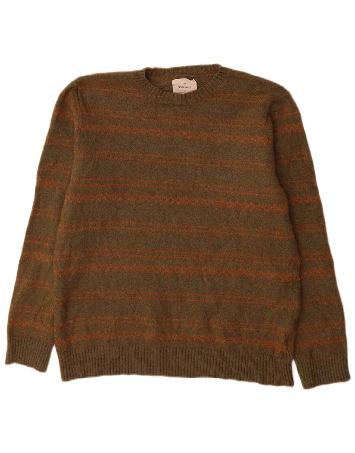 White Stuff Mens Crew Neck Jumper Sweater Medium Khaki Striped Wool