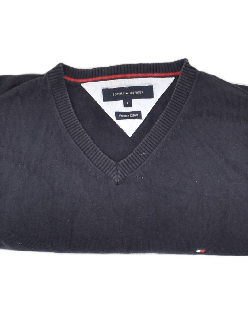 TOMMY HILFIGER Mens V-Neck Jumper Sweater Large Navy Blue Cotton | Vintage Tommy Hilfiger | Thrift | Second-Hand Tommy Hilfiger | Used Clothing | Messina Hembry 