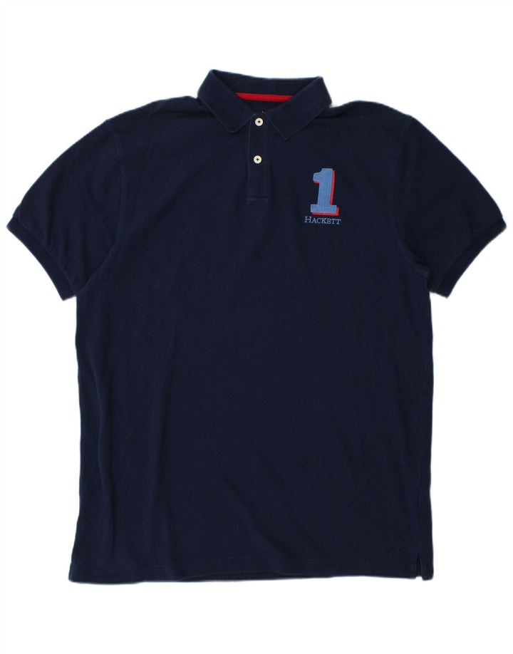 HACKETT Mens Classic Fit Graphic Polo Shirt Large Navy Blue Cotton