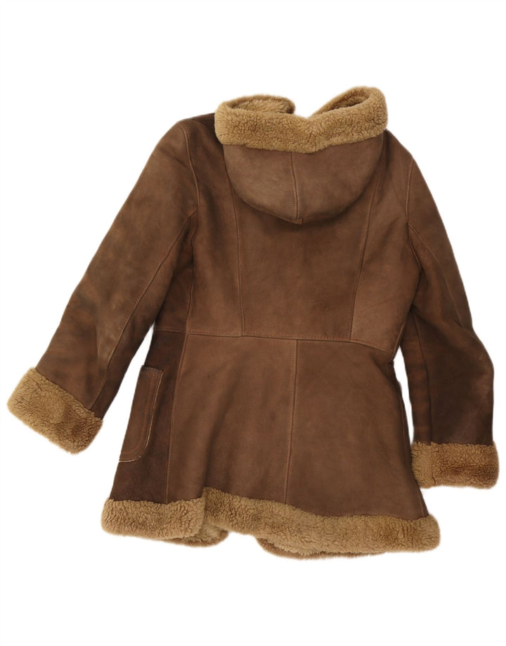 Vintage Womens Hooded Shearling Jacket UK 10 Small Brown Leather