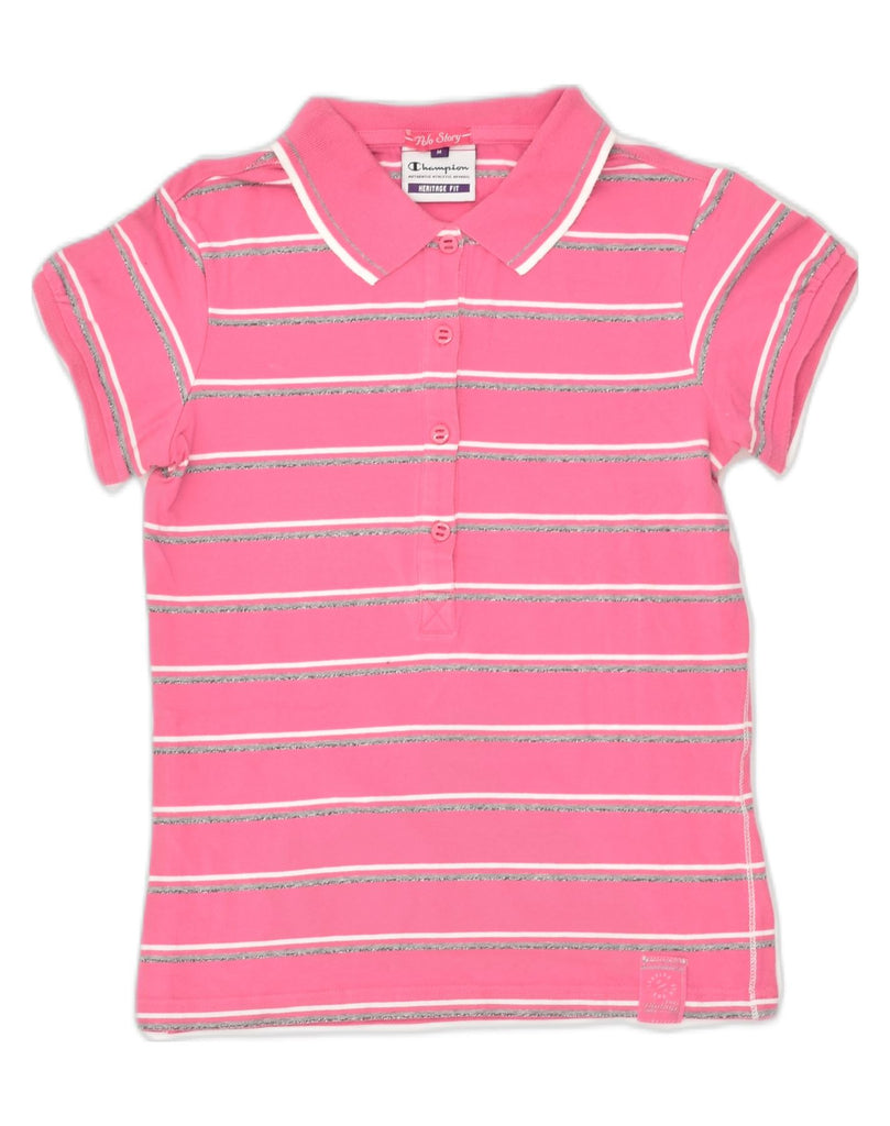 CHAMPION Womens Herritage Fit Polo Shirt UK 12 Medium Pink Striped Cotton | Vintage Champion | Thrift | Second-Hand Champion | Used Clothing | Messina Hembry 