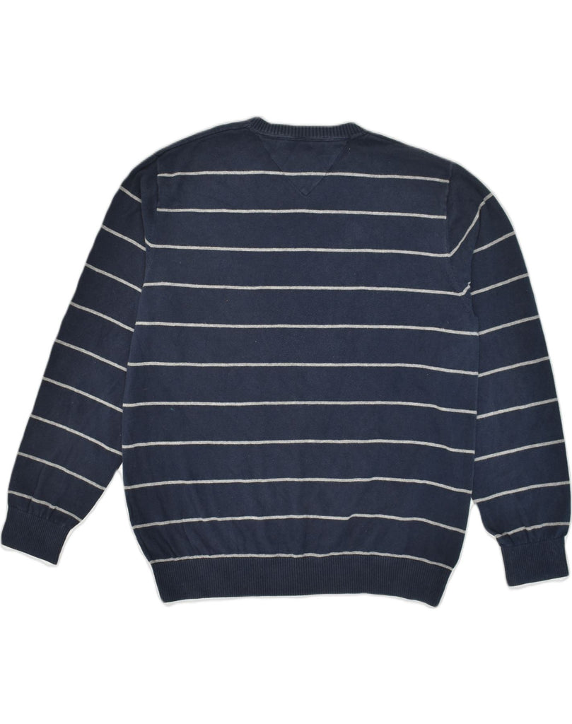 TOMMY HILFIGER Mens V-Neck Jumper Sweater XL Navy Blue Striped Cotton | Vintage Tommy Hilfiger | Thrift | Second-Hand Tommy Hilfiger | Used Clothing | Messina Hembry 