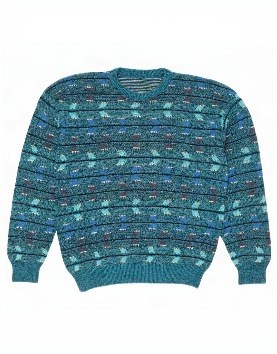 Vintage Mens Crew Neck Jumper Sweater Medium Blue Geometric