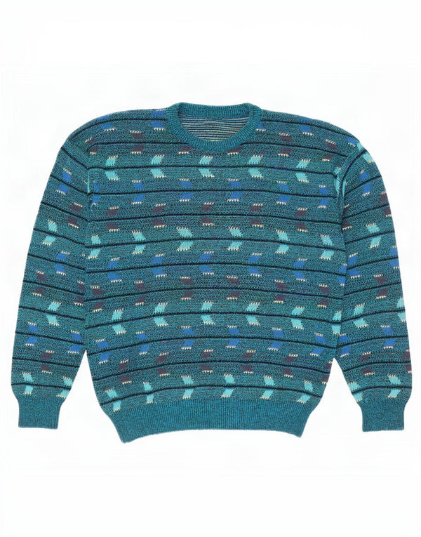 Vintage Mens Crew Neck Jumper Sweater Medium Blue Geometric