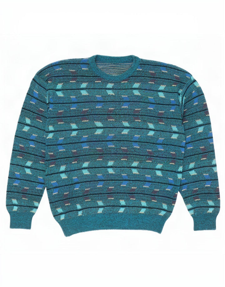 Vintage Mens Crew Neck Jumper Sweater Medium Blue Geometric