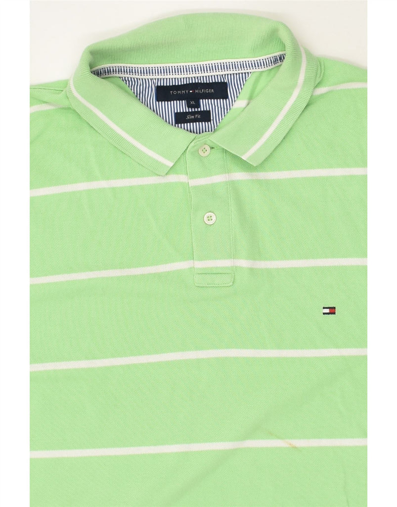 TOMMY HILFIGER Mens Slim Fit Polo Shirt XL Green Striped Cotton | Vintage Tommy Hilfiger | Thrift | Second-Hand Tommy Hilfiger | Used Clothing | Messina Hembry 