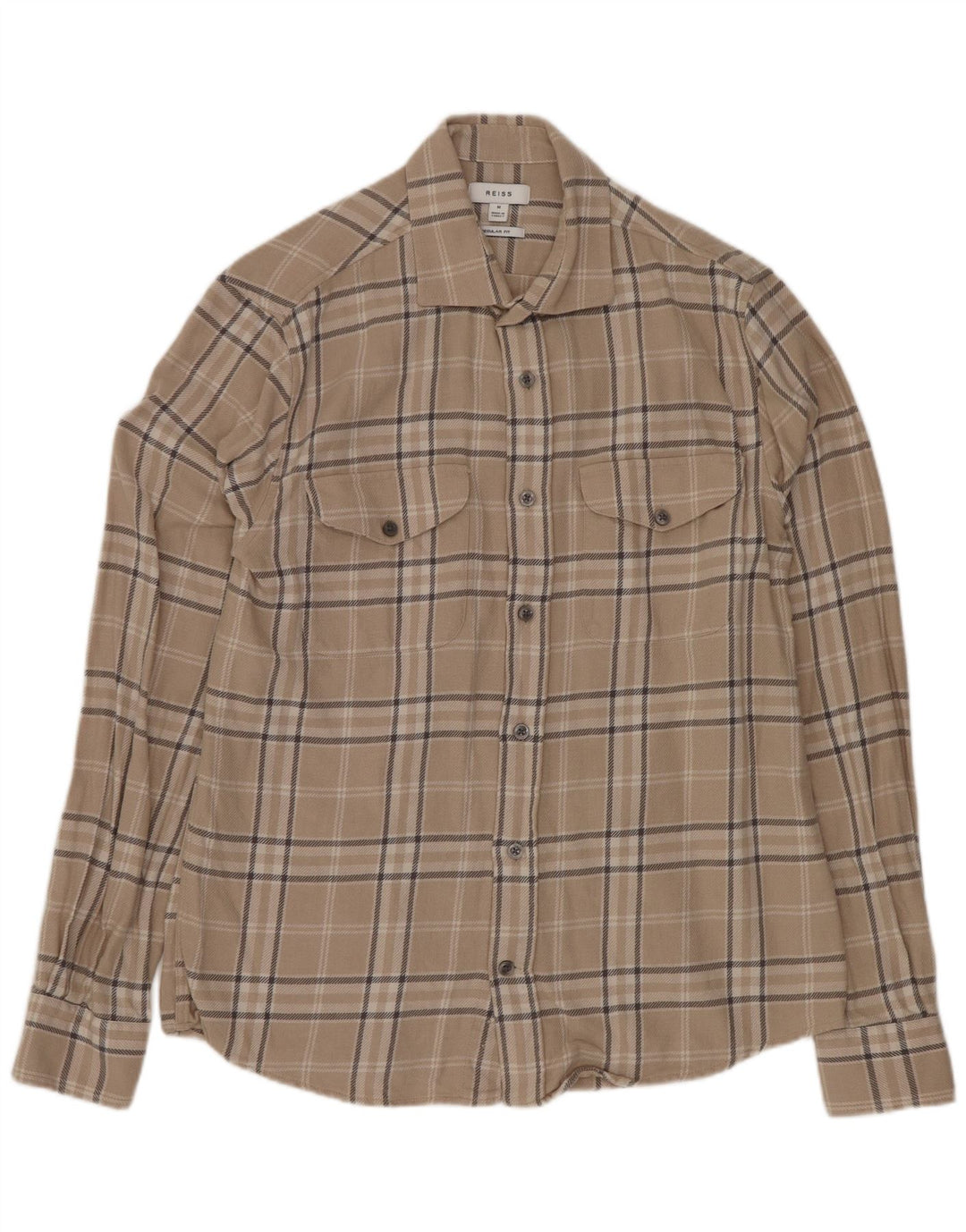 Reiss Mens Regular Fit Flannel Shirt Medium Beige Check Cotton