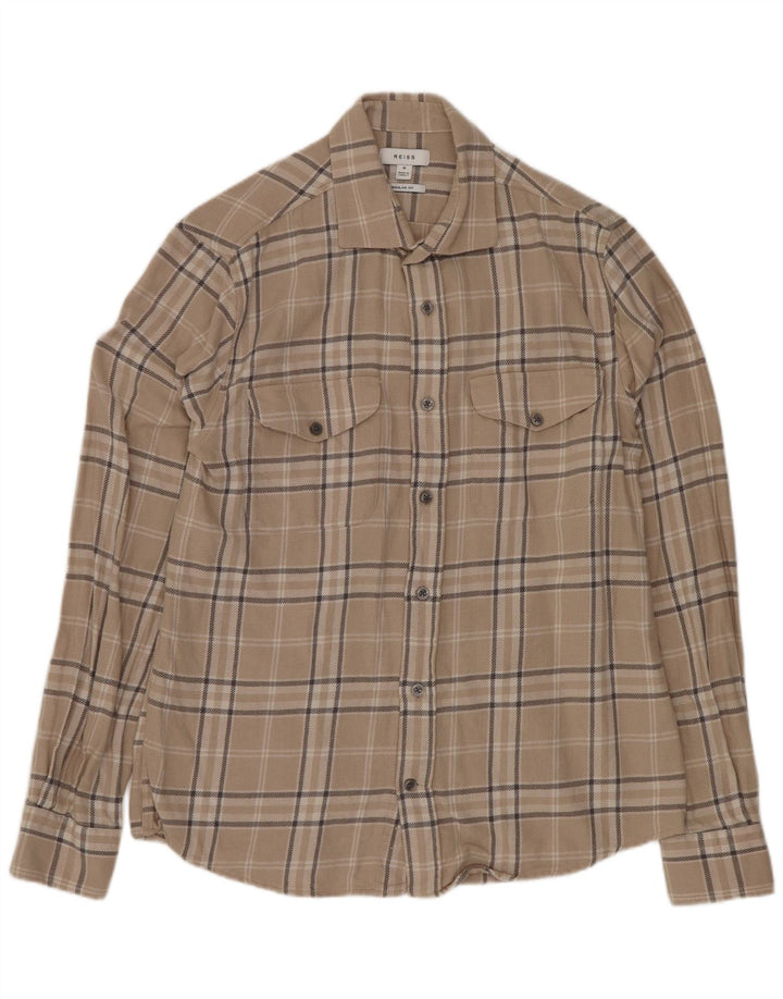 Reiss Mens Regular Fit Flannel Shirt Medium Beige Check Cotton