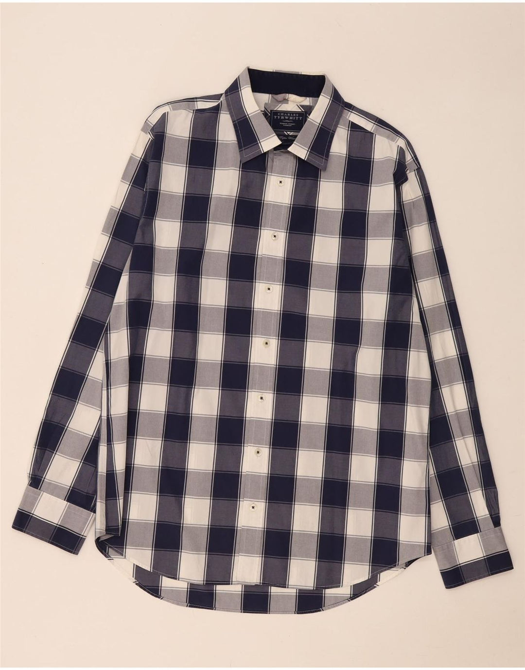 Charles Tyrwhitt Mens Shirt Large Navy Blue Check Cotton