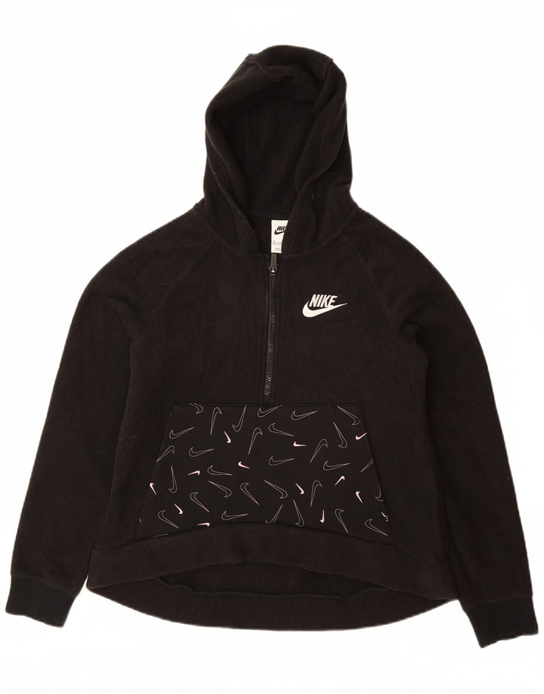 NIKE Girls Graphic Zip Neck Fleece Jumper 13-14 Years XL Black Polyester