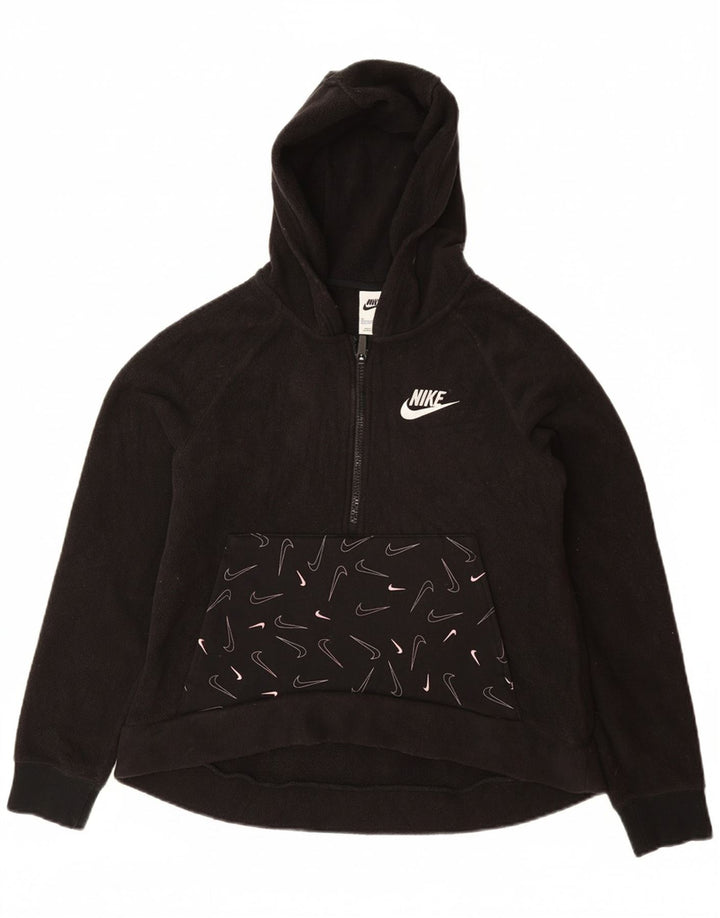 NIKE Girls Graphic Zip Neck Fleece Jumper 13-14 Years XL Black Polyester