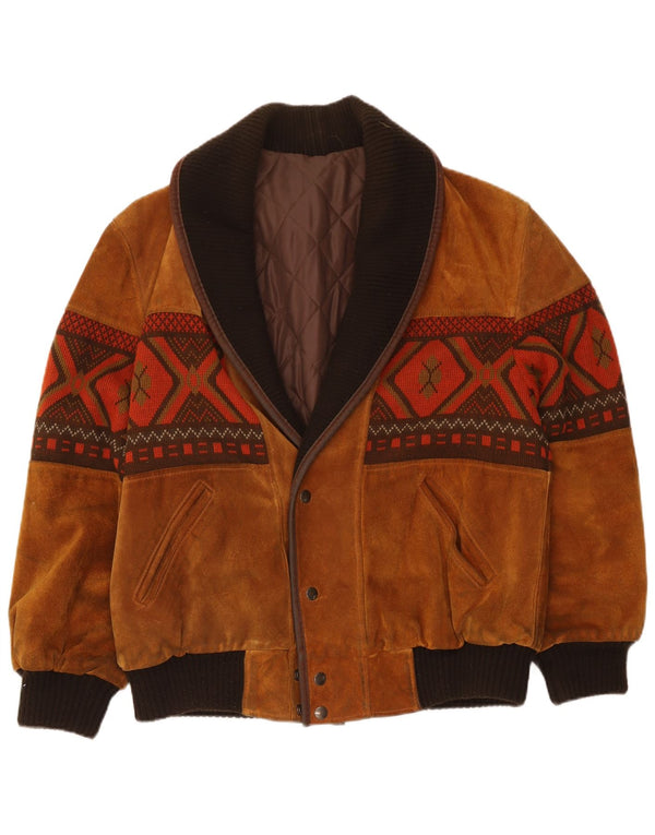 Vintage Mens Suede Bomber Jacket UK 40 Large Beige Geometric Viscose
