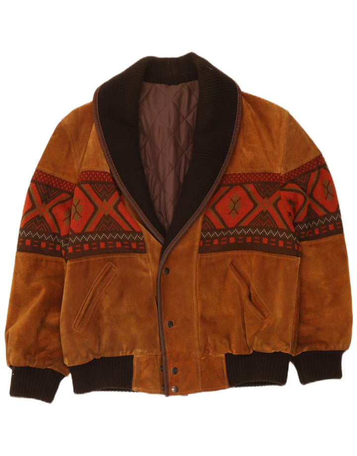 Vintage Mens Suede Bomber Jacket UK 40 Large Beige Geometric Viscose