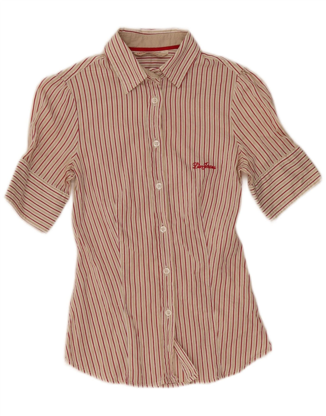 Liu Jo Womens Short Sleeve Shirt IT 40 Small Beige Pinstripe