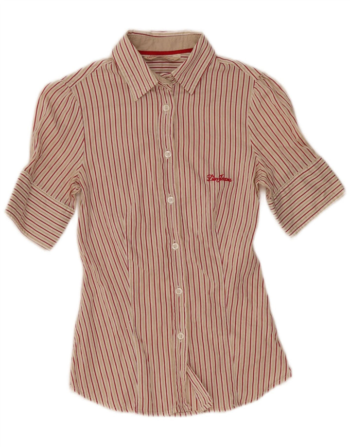 Liu Jo Womens Short Sleeve Shirt IT 40 Small Beige Pinstripe