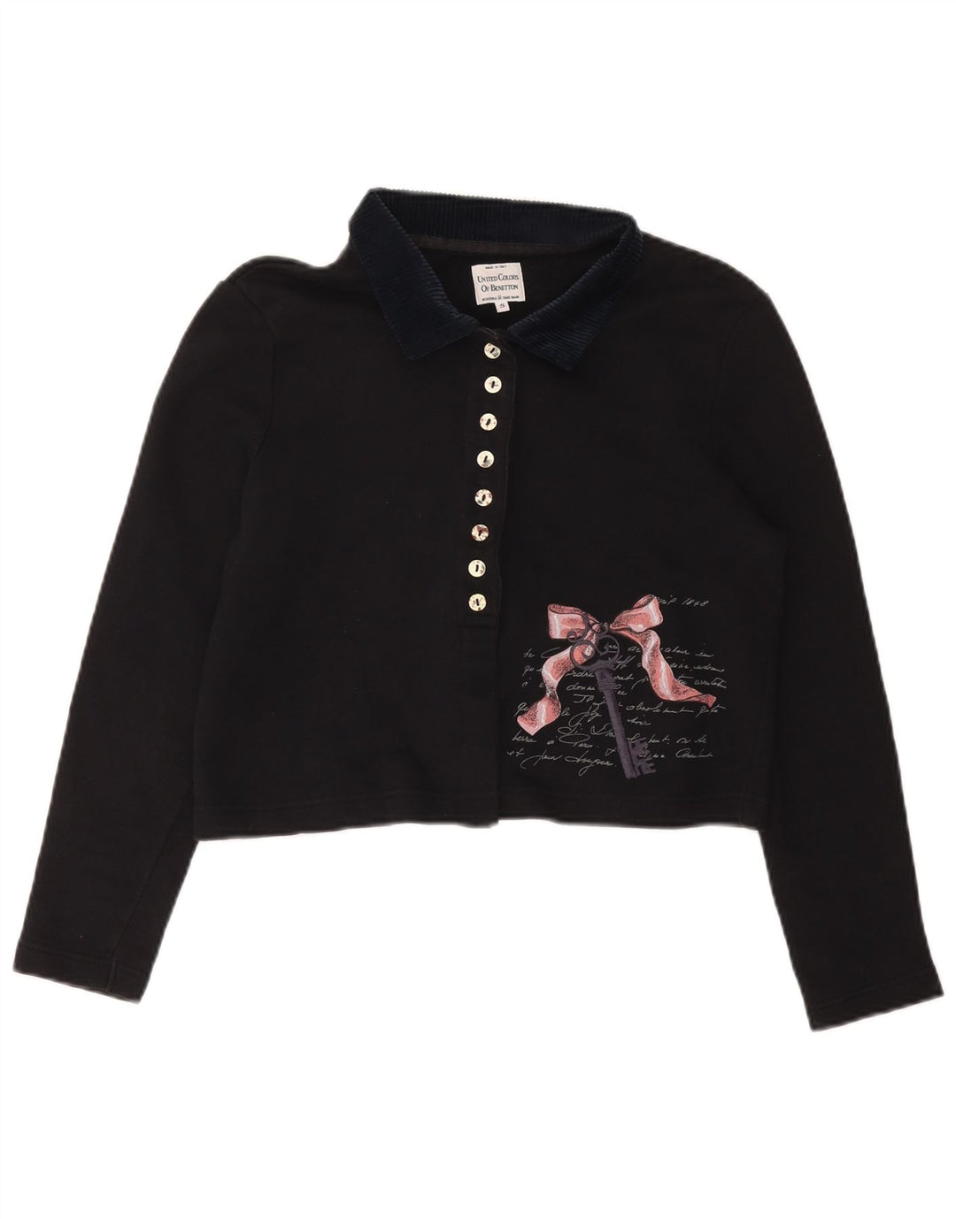BENETTON Womens Oversized Graphic Crop Polo Shirt UK 10 Small Black