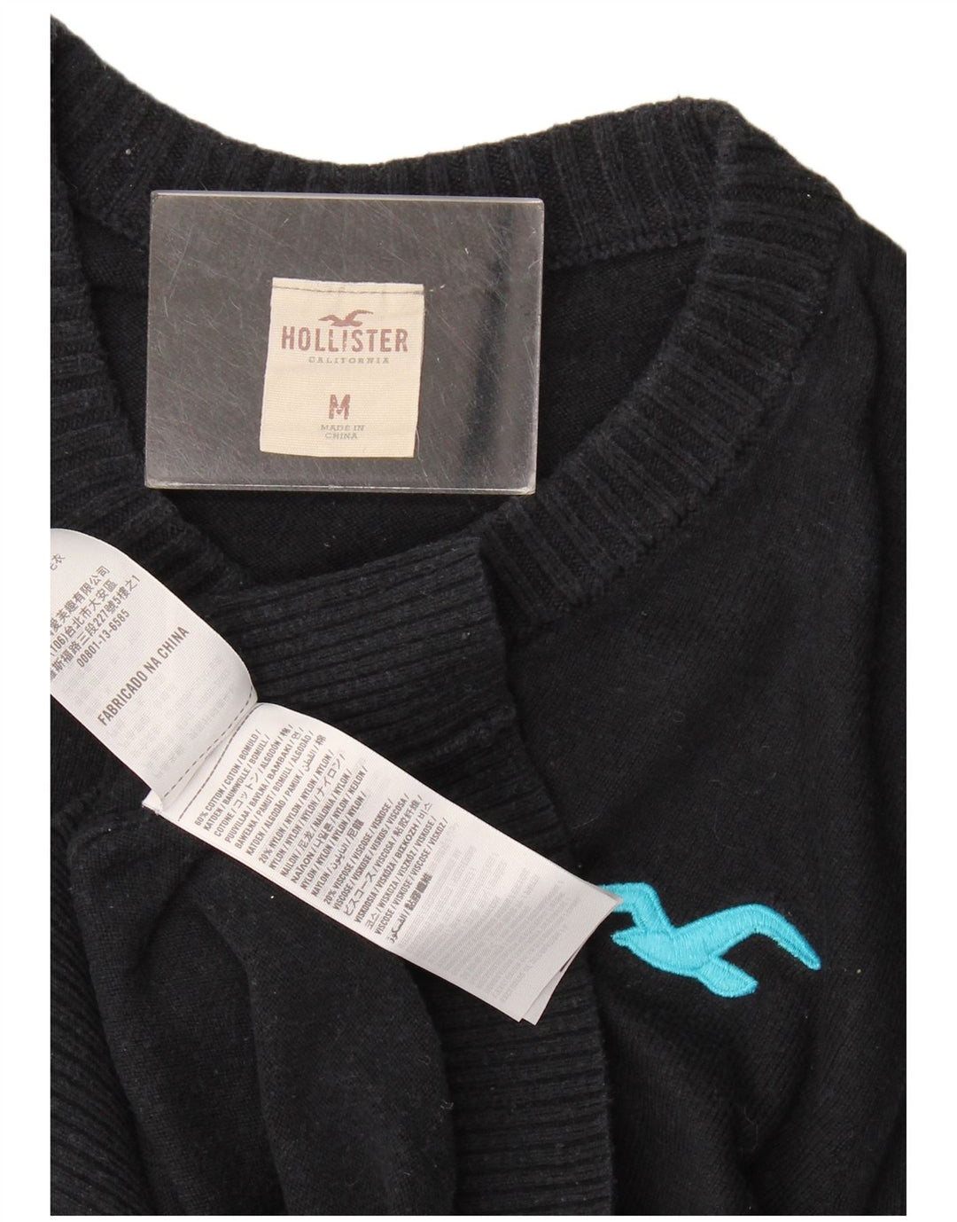 Hollister Mens V-Neck Jumper Sweater Medium Navy Blue Cotton