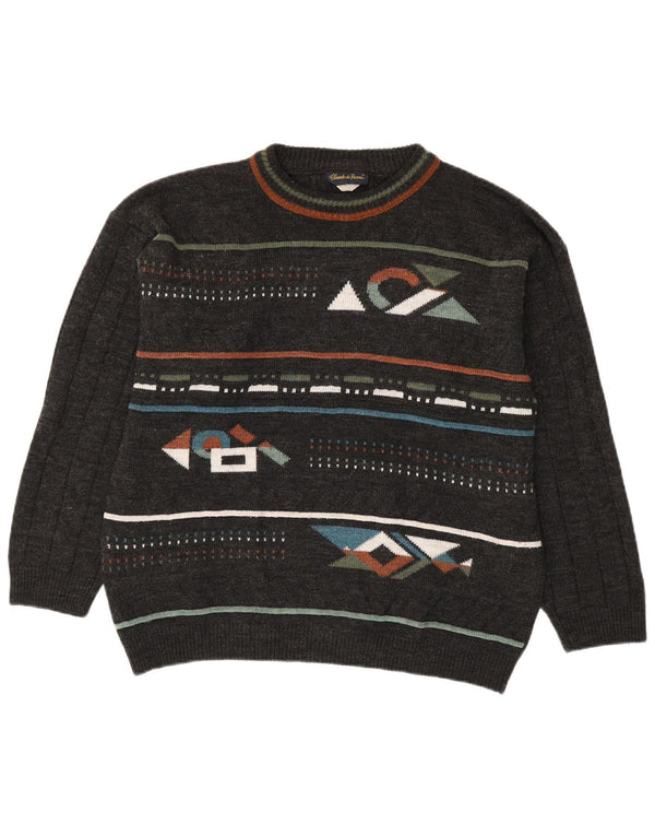 Vintage Mens Crew Neck Jumper Sweater IT 48/50 Medium Navy Blue Geometric