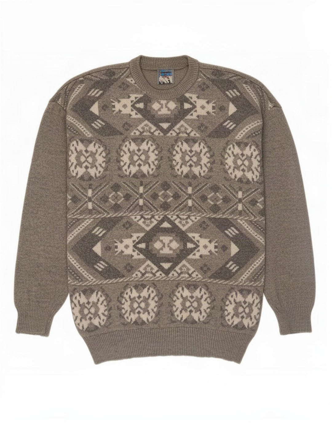Vintage Mens Crew Neck Jumper Sweater Medium Grey Fair Isle
