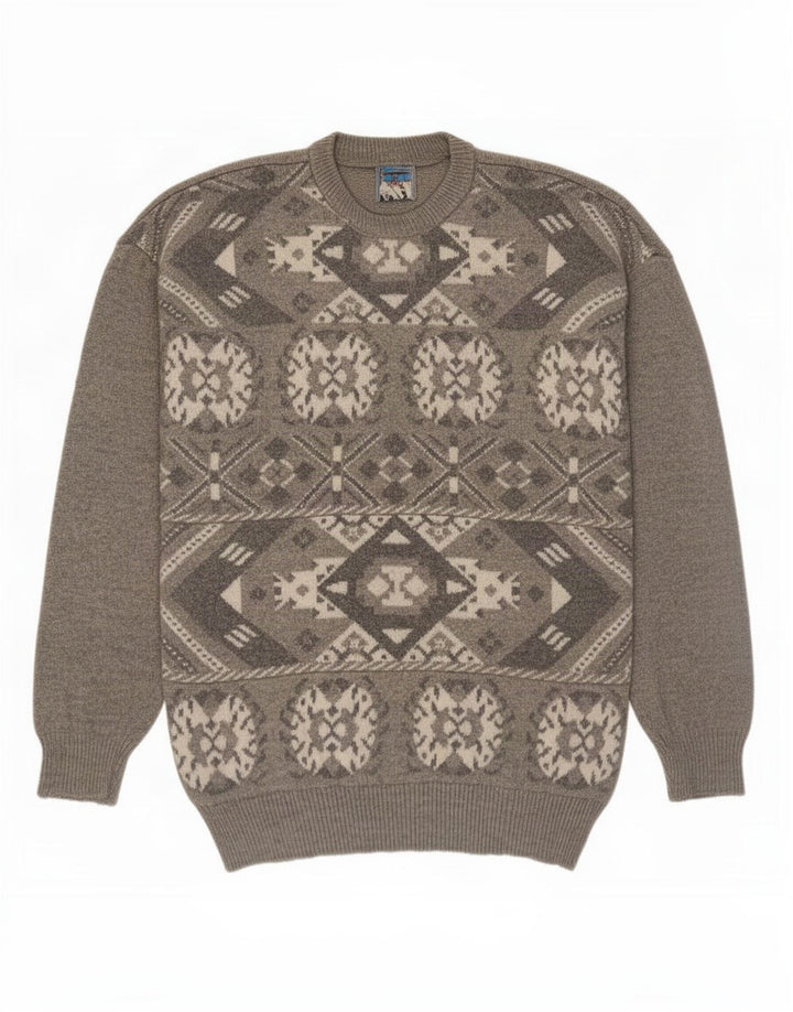 Vintage Mens Crew Neck Jumper Sweater Medium Grey Fair Isle