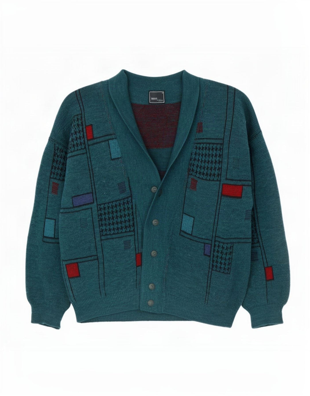 Vintage Mens Cardigan Sweater XL Green Geometric Wool