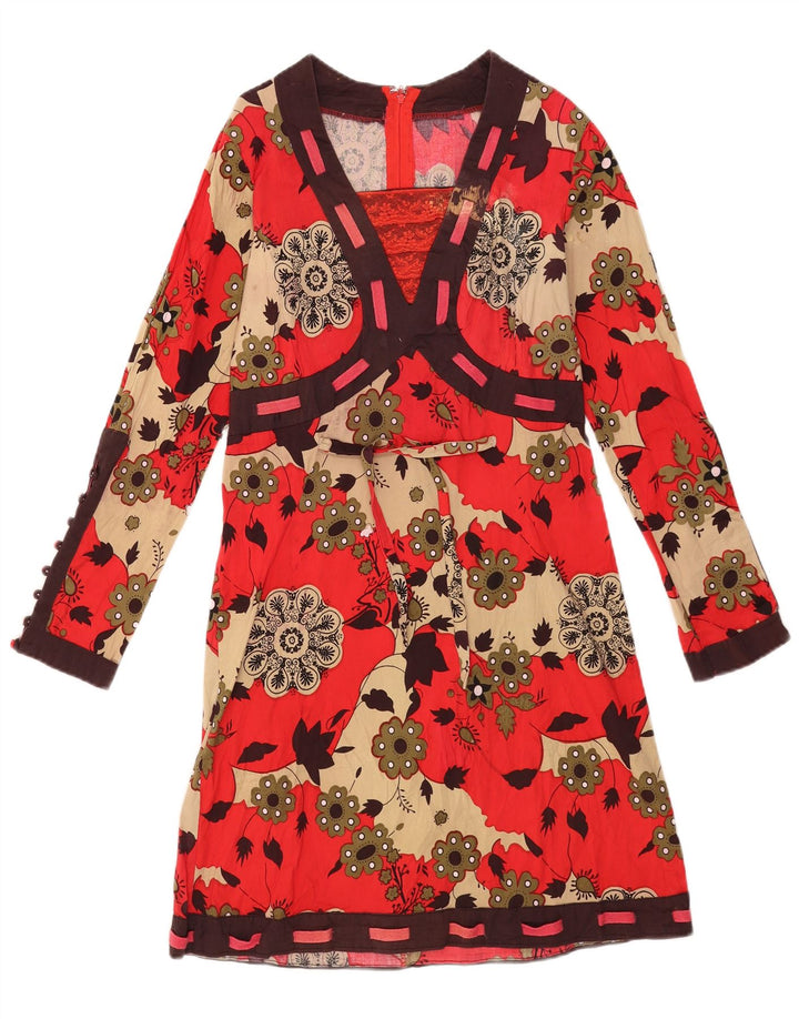 Vintage Womens Long Sleeve Basic Dress UK 12 Medium Red Floral Cotton