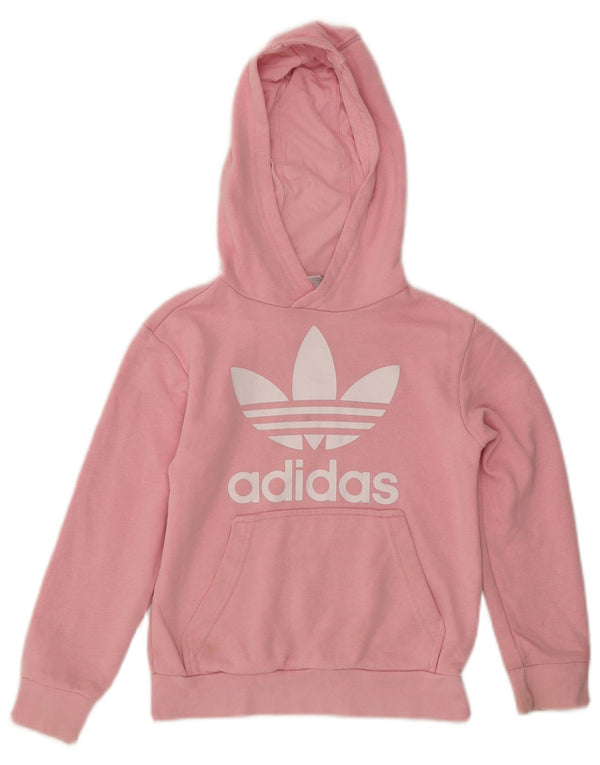 ADIDAS Girls Graphic Hoodie Jumper 7-8 Years Pink Cotton