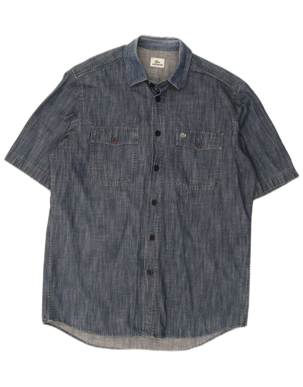 Lacoste Mens Short Sleeve Denim Shirt Size 40 Medium Navy Blue Cotton