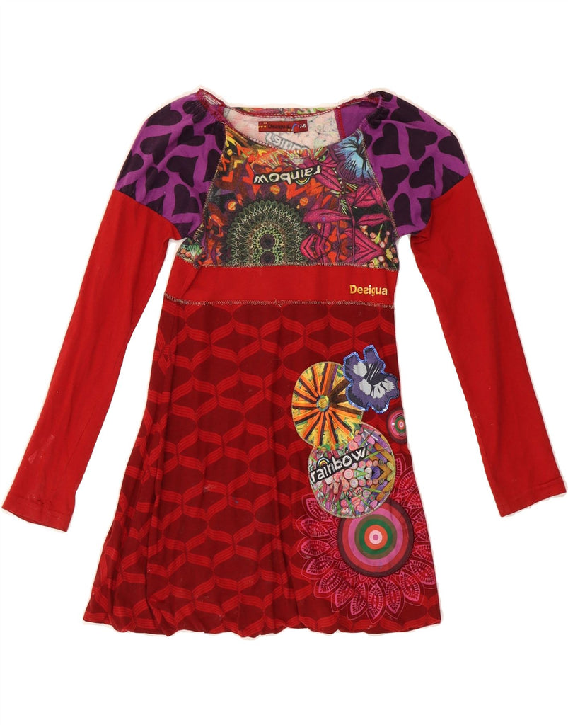 DESIGUAL Girls Graphic Long Sleeve A-Line Dress 7-8 Years Red Floral Vintage Desigual and Second-Hand Desigual from Messina Hembry 