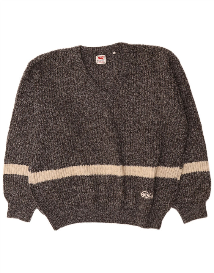 Levi's Mens V-Neck Jumper Sweater Large Grey Colourblock Wool