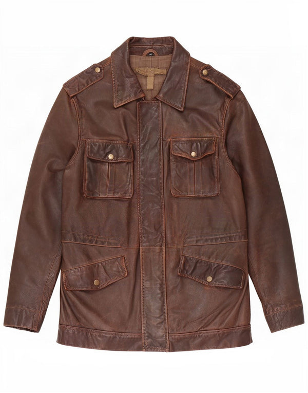 Vintage Mens Military Leather Jacket UK 36 Small Brown