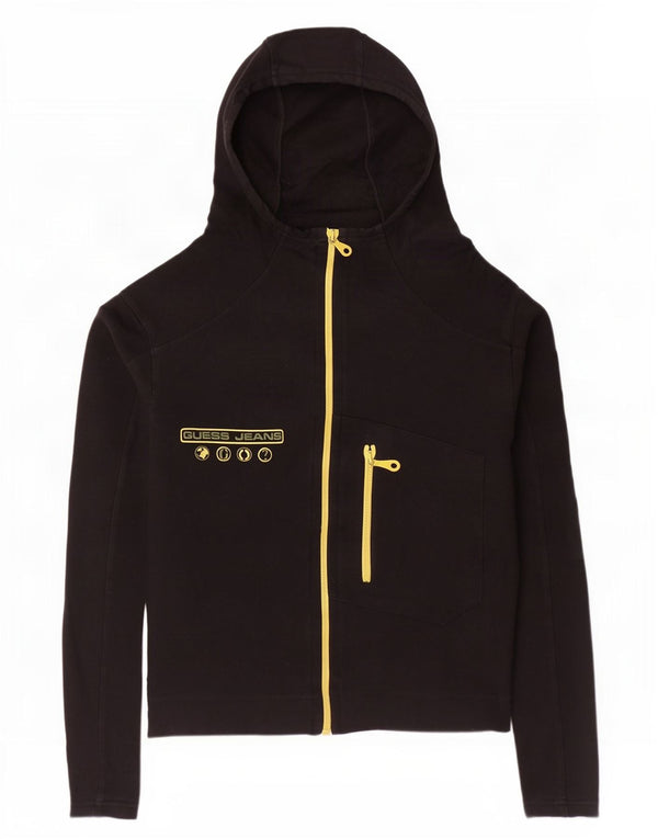 Guess Womens Graphic Zip Hoodie Sweater UK 14 Medium Black Cotton