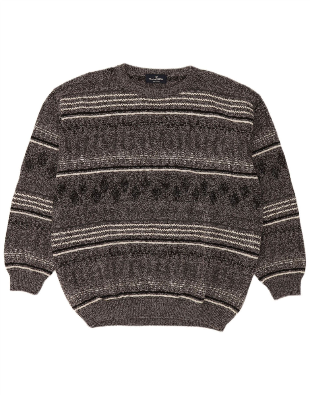 Malagrida Mens Boat Neck Jumper Sweater 2XL Grey Striped Wool