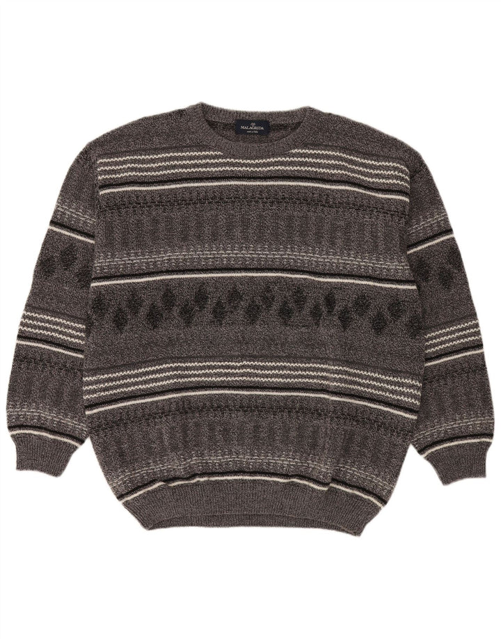 Malagrida Mens Boat Neck Jumper Sweater 2XL Grey Striped Wool