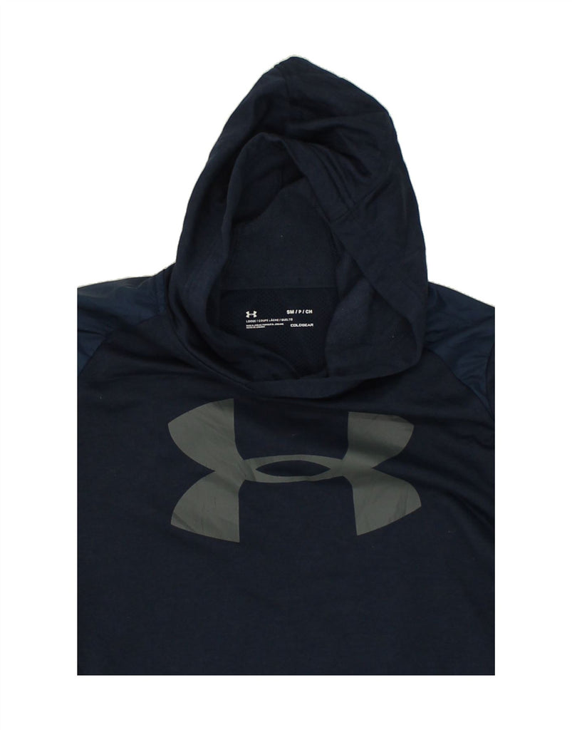 UNDER ARMOUR Mens Graphic Hoodie Jumper Small Navy Blue Polyester | Vintage Under Armour | Thrift | Second-Hand Under Armour | Used Clothing | Messina Hembry 