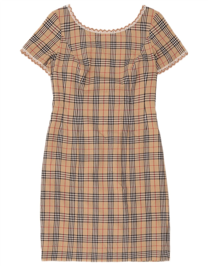 Vintage Womens Sheath Dress UK 12 Medium Beige Plaid
