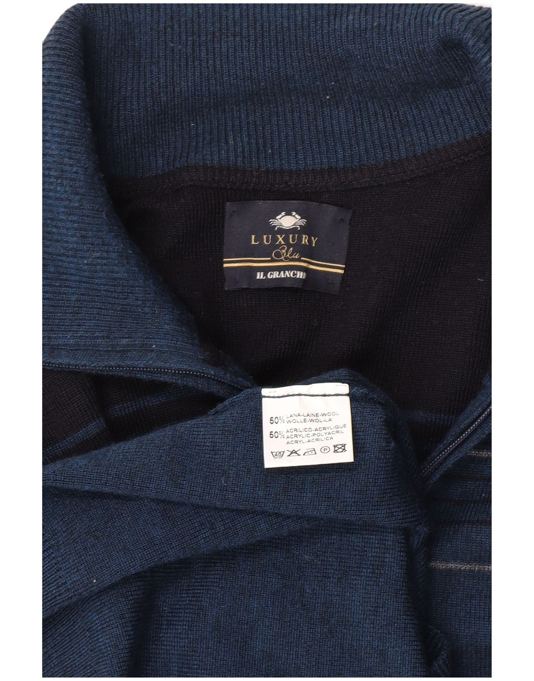 Il Granchio Mens Zip Neck Jumper Sweater Medium Navy Blue Colourblock Wool